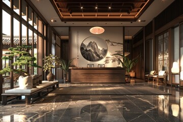 Hotel lobby with Asian inspired design and relaxation amenities.