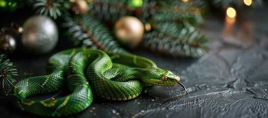 Fototapeta premium A striking green snake elegantly coils on a textured surface, surrounded by shimmering new year decorations and evergreen branches. the image combines elements of nature with festive holiday decor,