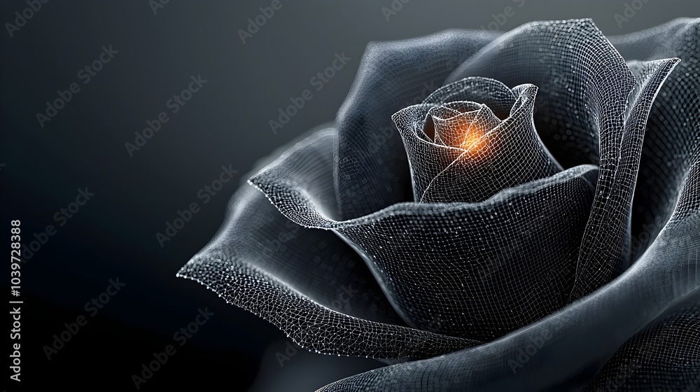 Poster Glowing mesh outline tracing the delicate morning dew on the soft fragile petals of a rose in a captivating ethereal digital art composition  The minimalist futuristic design creates a serene