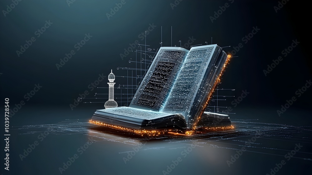Poster Glowing mesh outline of an open Quran the central religious text of Islam displayed on a stand  The digital artwork features a luminous