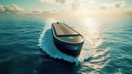 A futuristic cargo ship sailing autonomously through open waters powered by sustainable hybrid technologies and AI navigation