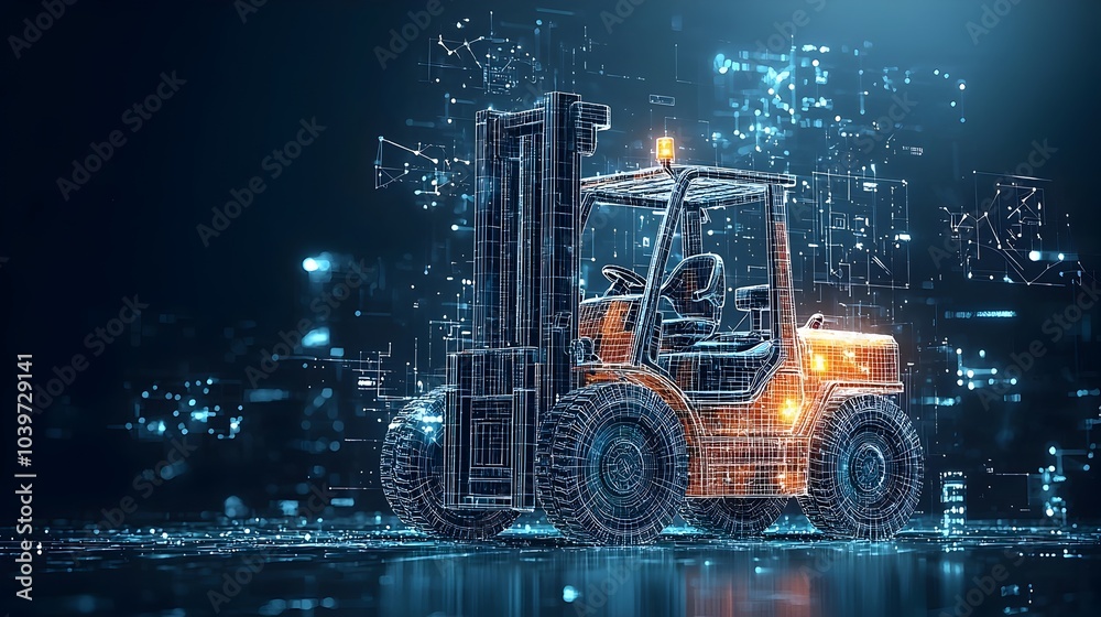 Poster glowing mesh patterns and luminous lines trace the paths of forklifts and other material handling eq