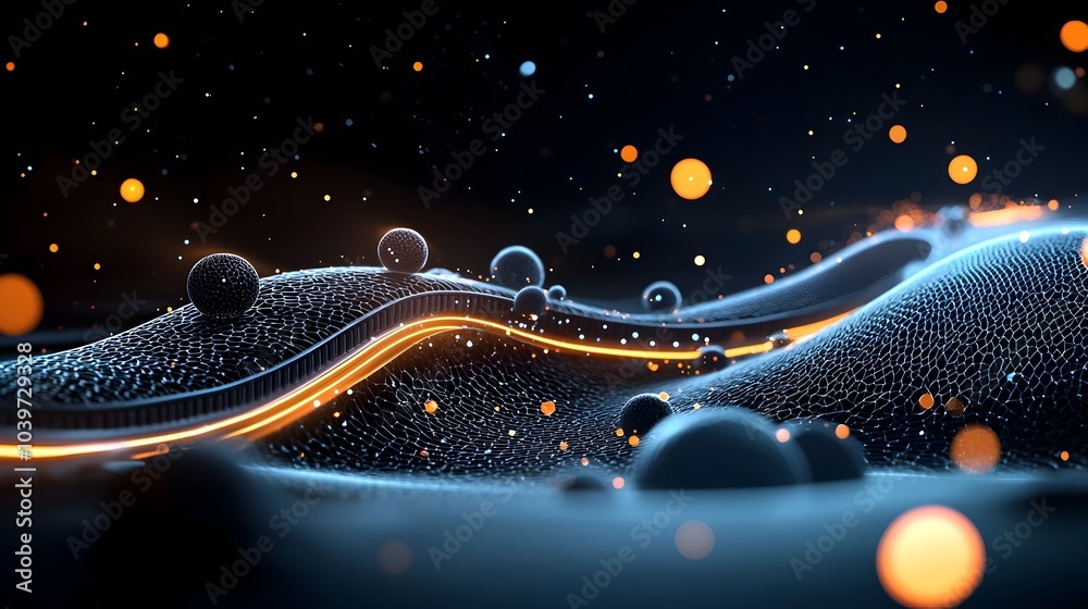 Poster glowing mesh patterns on a conveyor belt tracking the movement of products through an efficient auto