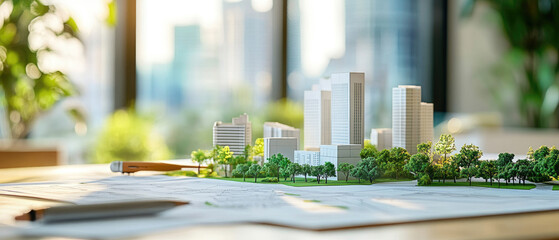 Explore a detailed view of an urban planner's workspace showcasing blueprints and models focused on sustainable city development and green infrastructure solutions.
