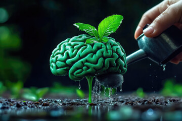 A conceptual image depicting a brain as a flourishing plant being watered, symbolizing mental growth and personal development in a nurturing environment.