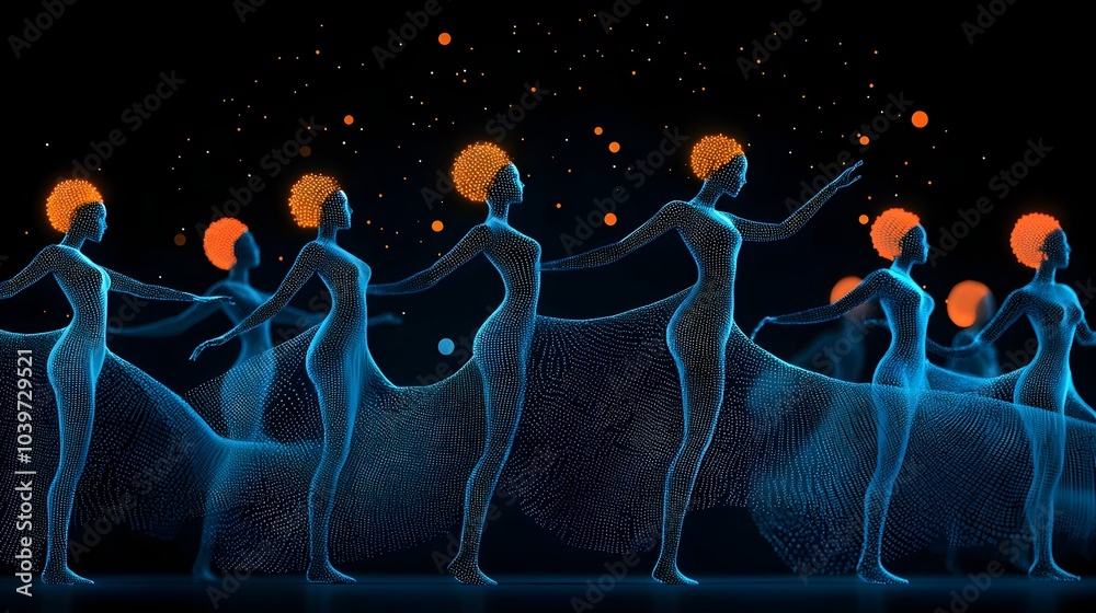 Leinwandbilder glowing mesh patterns tracing the dynamic rhythmic movements of traditional performers in a captivat