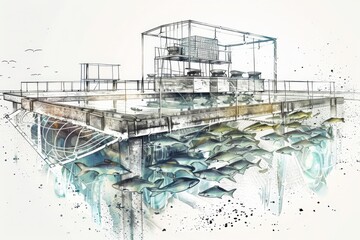 Serene aquaculture operation with detailed fish farming in modern setting