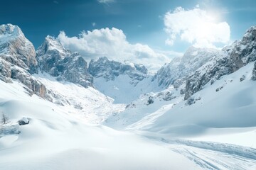 Snow-covered mountain landscape under bright afternoon sun in winter