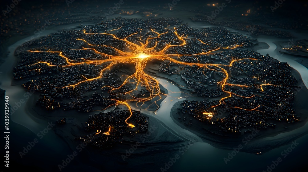 Poster glowing mesh river delta a mesmerizing digital landscape where a waterway branches and flows like lu