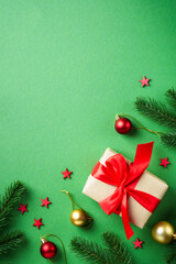 Christmas flat lay background on green.