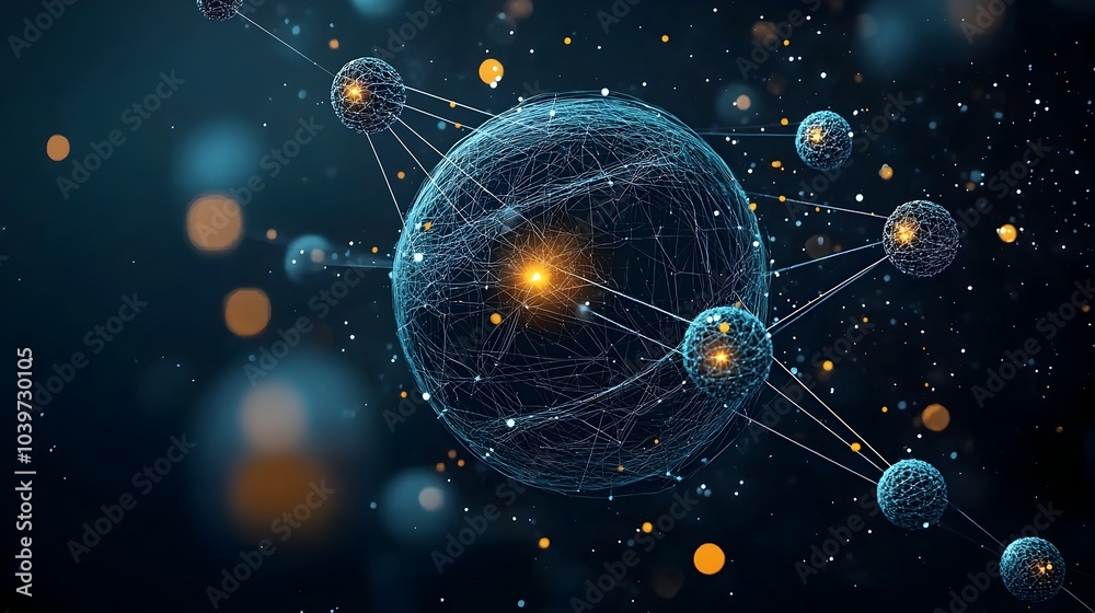 Poster glowing mesh representation of an atom with electrons orbiting in trails of luminous light creating 