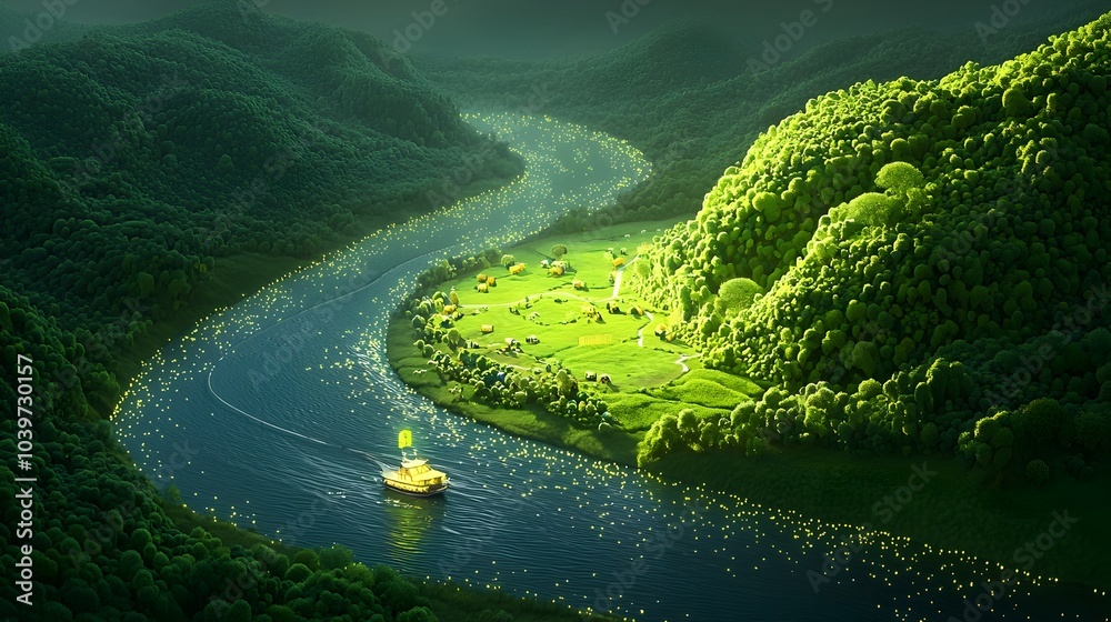 Poster Glowing mesh rivers winding through a dense lush jungle landscape from an aerial viewpoint creating a captivating futuristic and otherworldly scene