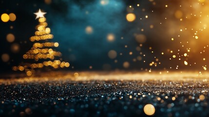 modern minimal magical theme Christmas tree abstract background with copy space, gold sparkle bokeh Christmas tree