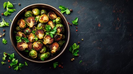 Roasted Brussels sprouts in bowl with fresh herbs on dark background