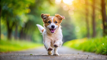 Golden Retriever puppy bounds joyfully through a sun-dappled forest, its tail wagging with excitement.