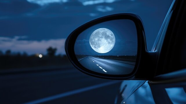 Full moon reflected in car mirror on open road at night