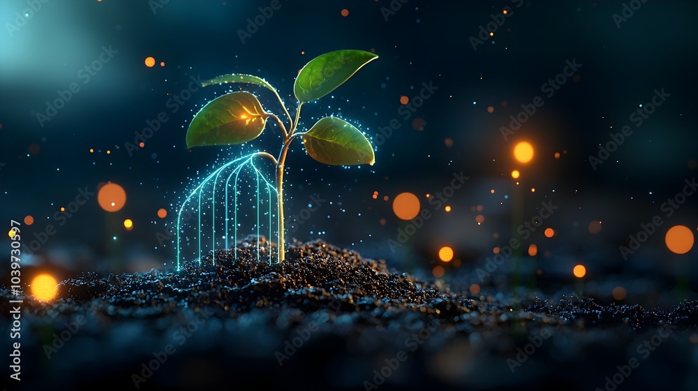 Leinwandbilder glowing mesh tracing the growth of sprouting seedling from soil abstract digital artwork showcasing 