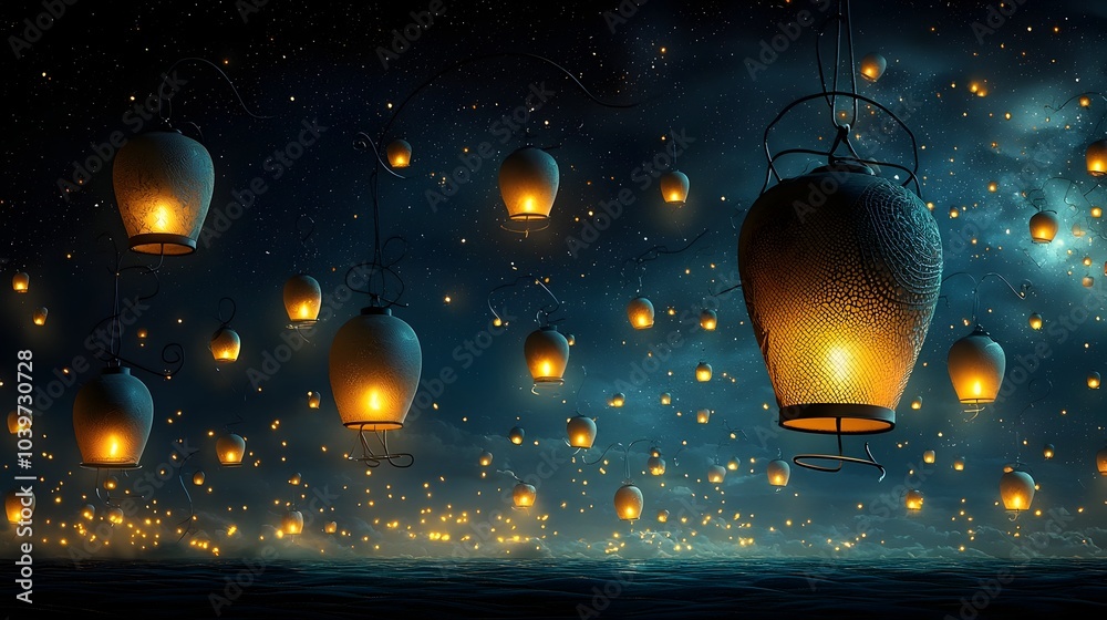 Leinwandbilder Glowing mesh trails highlighting ethereal floating lanterns released into a serene and captivating night sky creating a mesmerizing and enchanting atmosphere