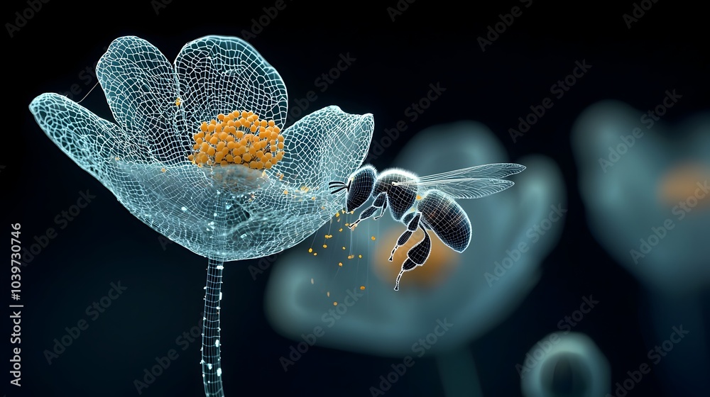 Aufkleber glowing mesh trails representing the intricate pollination process as bees move between vibrant flow