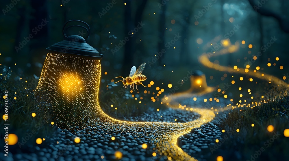Aufkleber Glowing mesh trails representing the pollination of flowers by bees in a dynamic abstract digital nature scene
