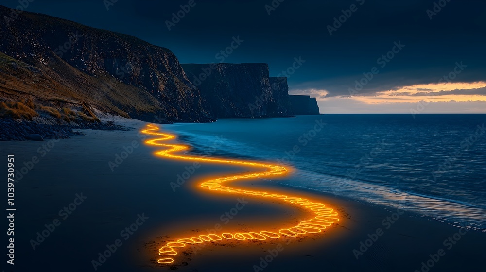 Poster glowing mesh trails tracing footsteps on a serene and tranquil beach at the magical hour of sunrise 