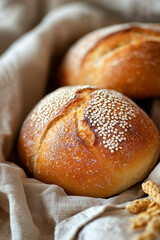 Freshly baked loaf of bread with wheat stalks and grains on rustic wooden background with cop space, pastry and recipe concept.