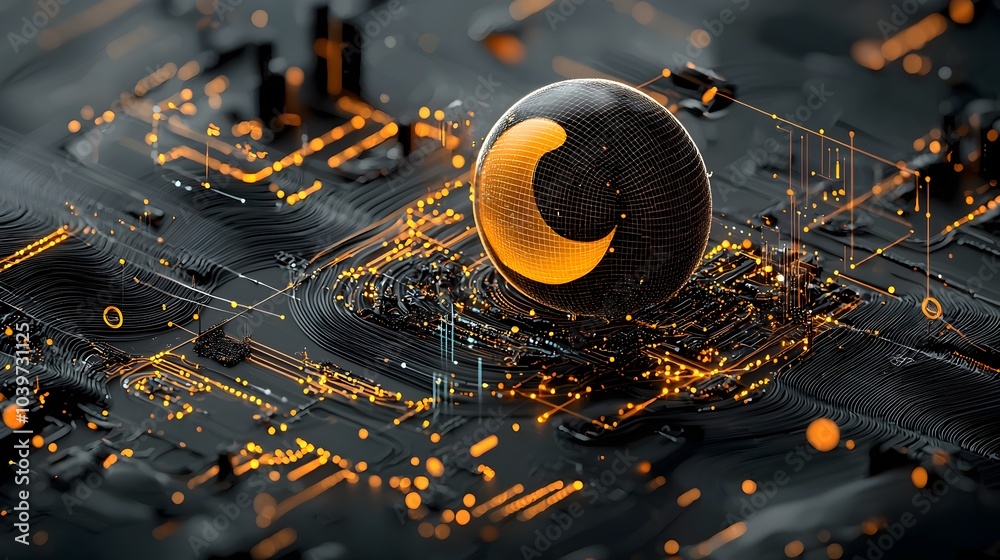 Poster Glowing Mesh Yin Yang Symbol with Fluid Mesh Waves Surrounding It   Abstract Digital of Balanced Energy and Dynamic Movement