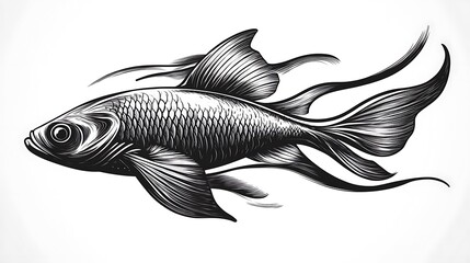 Obraz premium Graceful minimalist sketch of a fish in mid-swim, its fins flowing gently behind it, drawn with fine lines on a clean white canvas, emphasizing fluidity and elegance, hd quality, smooth strokes,