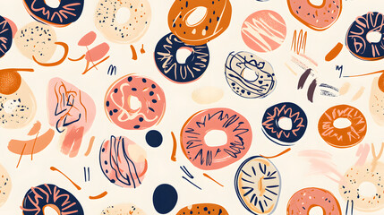 Seamless pattern featuring abstract donut shapes in earthy tones, combined with unique textures and strokes, ideal for creative backgrounds and fabric designs.