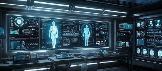 Obraz premium ICU featuring a command center with holographic patient records for efficient care.