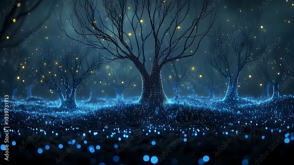Aufkleber Glowing wire frame mesh outlines of trees in a misty ethereal forest landscape at the twilight hour creating a serene and mystical atmosphere