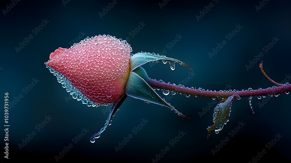 Poster glowing wireframe mesh outline tracing the morning dew on the delicate petals of a rose creating a c