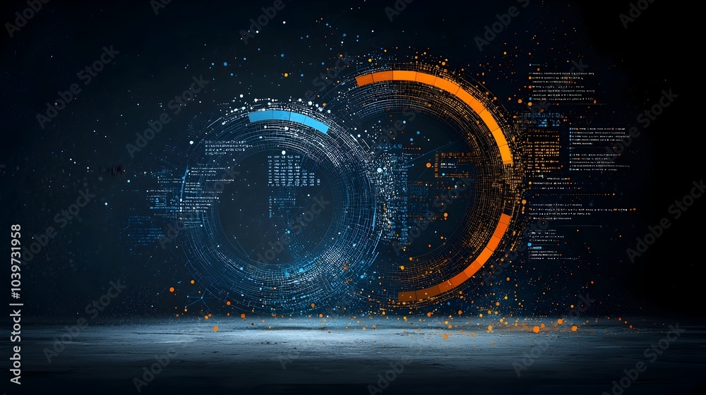 Poster glowing wireframe mesh line circles forming layered and interconnected infographic elements dynamic 