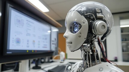 A close-up of the advanced learning algorithms and educational interaction capabilities of a humanoid teaching assistant robot in an educational robotics lab, Robotics style, photo of