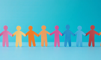 Long chain row of different colorful paper cut out people humans holding each other's hands on blue background, symbol of diversity, teamwork and equality.