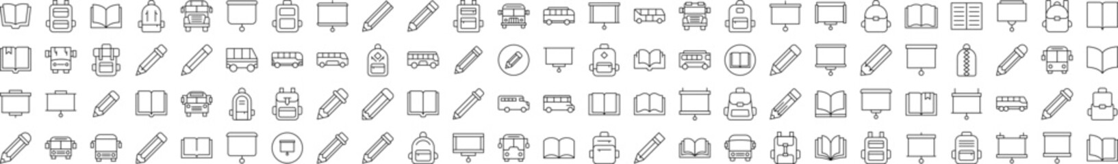 Collection of Line Icons of Pen, Presentation Board, Bus, School Bag, Book. Editable Stroke. Minimalistic Linear Pictogram for Design of Cards, Apps, Banners, Posts