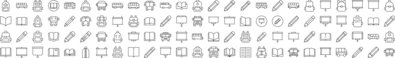 Pen, Presentation Board, Bus, School Bag, Book Outline Web Line Icons Collection. Editable Stroke. Minimalistic Linear Pictogram for Design of Cards, Apps, Banners, Posts