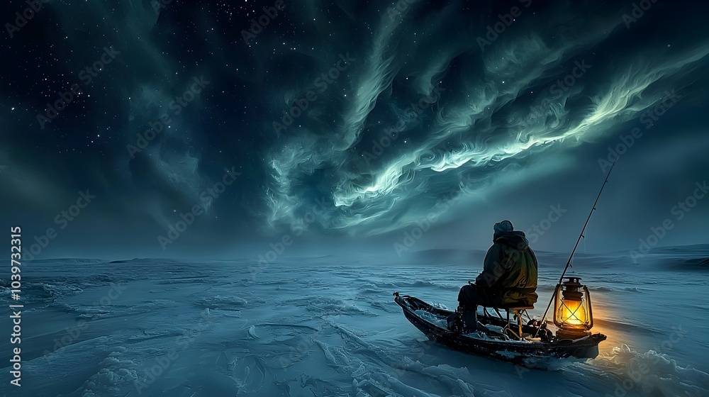 Poster lone fisherman silhouetted against the frozen surface of a remote polar lake surrounded by the dark 