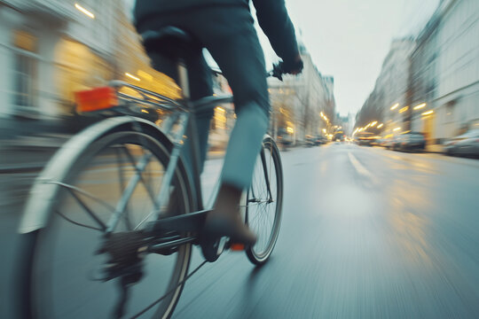 Man riding fast on bike bicycle on urban city street background in motion, long exposure blurry effect. Gentle means transport friendly to nature and environment.