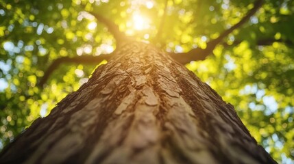 Fototapeta premium Tree trunk bathed in warm sunlight.