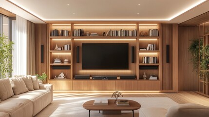 A large TV and carefully curated books on a wooden wall unit in a modern, well-lit living room