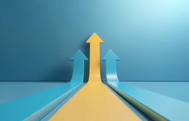 Three arrows point upward, one yellow and two blue, against a blue background.