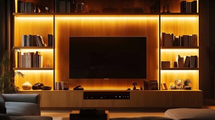 A modern wooden wall unit with a flat-screen TV, filled bookshelves, and decorative items, illuminated by warm ambient light