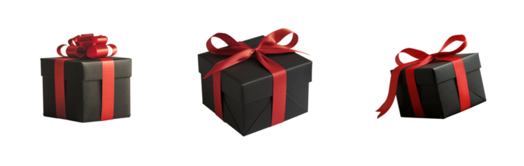 Black gift box with red ribbon. Collection of classic luxury gift boxes with elegant ribbons. Set of gift preset boxes with ribbon of various styles. Perfect for any celebration occasion project. 