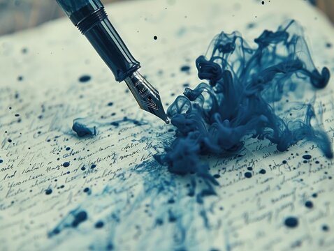 Close-up of a fountain pen with blue ink splashing on written parchment paper, showcasing the beauty and chaos of classical writing.