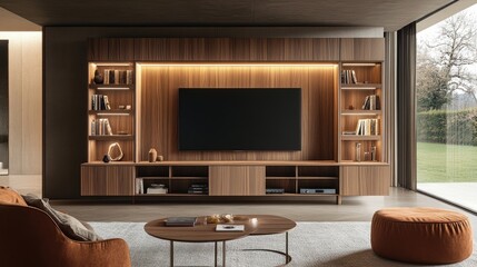 A sleek living room setup featuring a wooden wall unit with a mounted TV and neatly organized bookshelves
