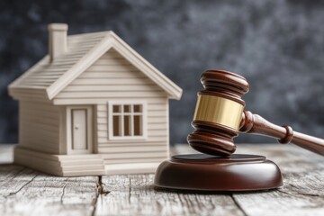 Obraz premium Apartment auction concept with a gavel and house model, representing the process of real estate transactions through bidding
