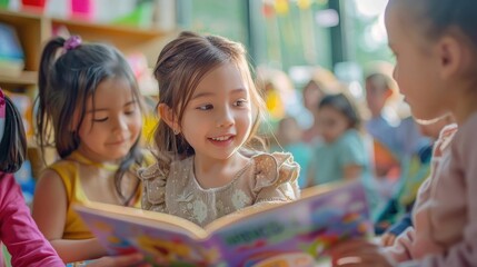 Fototapeta premium Group of young children reading together in a colorful classroom, smiling and interacting with a picture book.