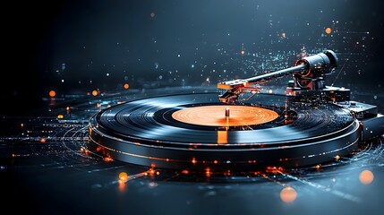 Mesmerizing abstract background of a glowing vinyl record spinning with dynamic vibrant neon patterns and geometric shapes in a digital futuristic setting