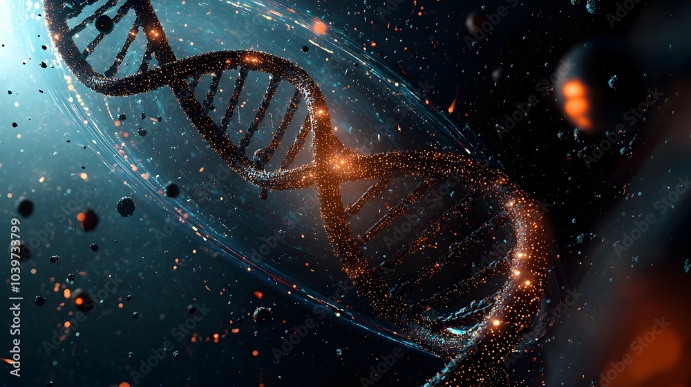 Poster Mesmerizing abstract image of a glowing mesh like DNA helix structure twisting and spiraling through a captivating galaxy inspired background